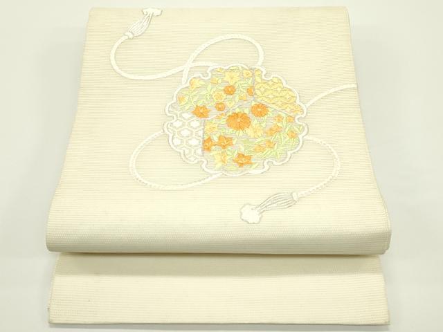 平和屋着物＊夏物　九寸開き名古屋帯　総刺繍　駒刺繍　鏡裏草花文　銀糸　正絹　逸品　CABJ1980rv