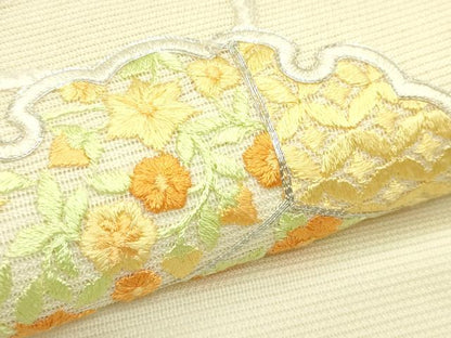 平和屋着物＊夏物　九寸開き名古屋帯　総刺繍　駒刺繍　鏡裏草花文　銀糸　正絹　逸品　CABJ1980rv