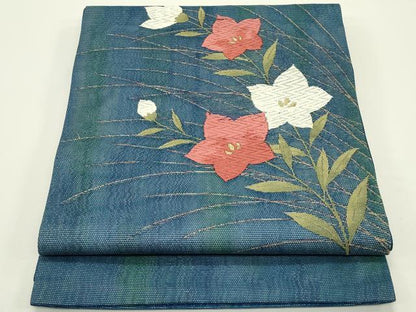 平和屋着物＊夏物　九寸開き名古屋帯　唐織　桔梗　金糸　正絹　逸品　CABJ1983rv