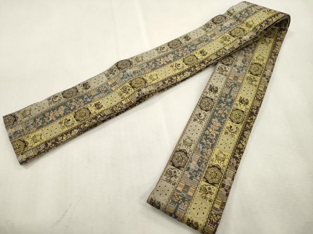 平和屋着物●男性　両面　角帯　動物草花間道　正絹　逸品　CABJ2006dy
