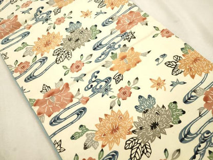 平和屋着物●九寸開き名古屋帯　紬地　型染め　流水草花文　正絹　逸品　CABJ2025dy