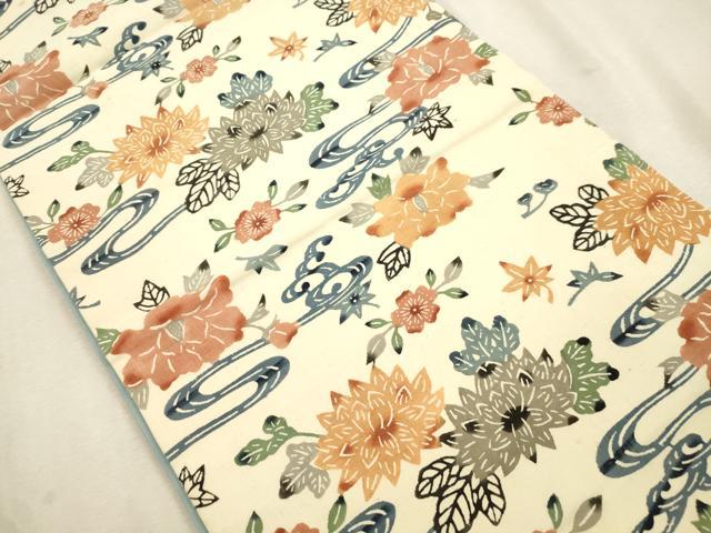 平和屋着物●九寸開き名古屋帯　紬地　型染め　流水草花文　正絹　逸品　CABJ2025dy