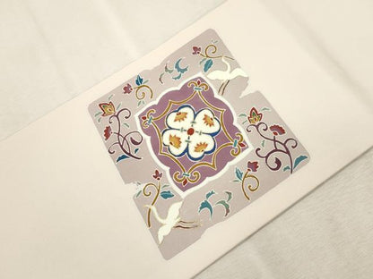 平和屋着物●塩瀬　九寸名古屋帯　破れ色紙飛鳥花文　金彩　正絹　逸品　CABJ2029dy