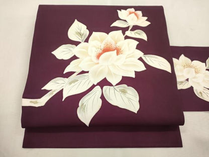 平和屋着物●塩瀬　九寸名古屋帯　手描き　草花文　正絹　逸品　CABJ2032dy