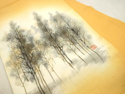 平和屋着物●九寸名古屋帯　作家物　手描き　紬地　樹林文　金彩　正絹　逸品　CABJ2035dy