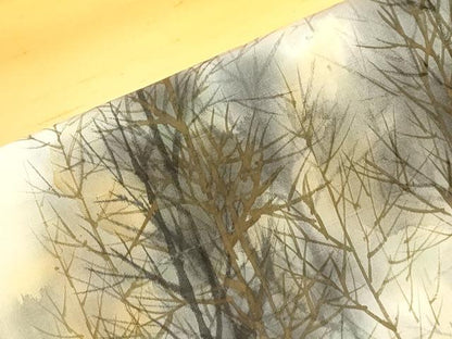 平和屋着物●九寸名古屋帯　作家物　手描き　紬地　樹林文　金彩　正絹　逸品　CABJ2035dy