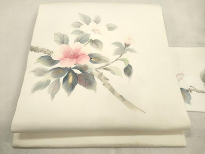 平和屋着物●塩瀬　九寸名古屋帯　手描き　枝花文　金彩　正絹　逸品　CABJ2038dy