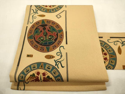 平和屋着物●全通柄九寸名古屋帯　幾何学動物丸文　鬼しぼ縮緬　正絹　逸品　CABJ2042dy