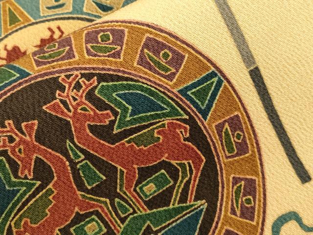平和屋着物●全通柄九寸名古屋帯　幾何学動物丸文　鬼しぼ縮緬　正絹　逸品　CABJ2042dy