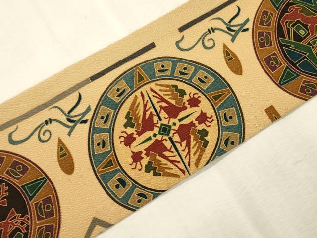 平和屋着物●全通柄九寸名古屋帯　幾何学動物丸文　鬼しぼ縮緬　正絹　逸品　CABJ2042dy