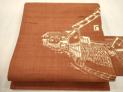 平和屋着物●九寸名古屋帯　紬地　ろうけつ染め　風景文　正絹　逸品　未使用　CABJ2046dy