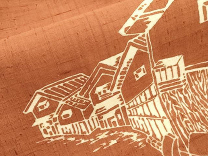 平和屋着物●九寸名古屋帯　紬地　ろうけつ染め　風景文　正絹　逸品　未使用　CABJ2046dy