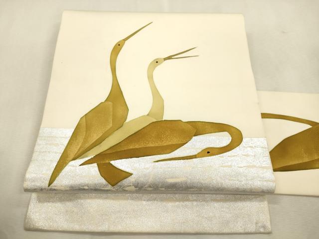 平和屋着物●塩瀬　九寸名古屋帯　ろうけつ染め　群鳥　銀彩　正絹　逸品　CABJ2048dy