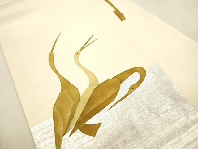 平和屋着物●塩瀬　九寸名古屋帯　ろうけつ染め　群鳥　銀彩　正絹　逸品　CABJ2048dy