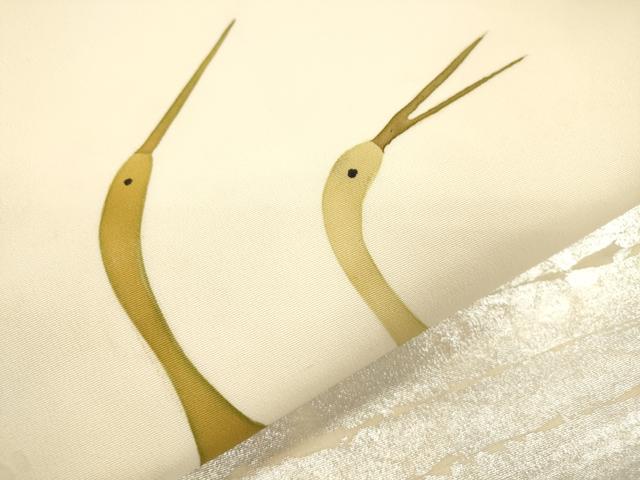 平和屋着物●塩瀬　九寸名古屋帯　ろうけつ染め　群鳥　銀彩　正絹　逸品　CABJ2048dy