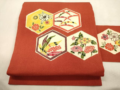 平和屋着物●九寸名古屋帯　紅型　亀甲草花文　鬼しぼ縮緬　正絹　逸品　CABJ2055dy