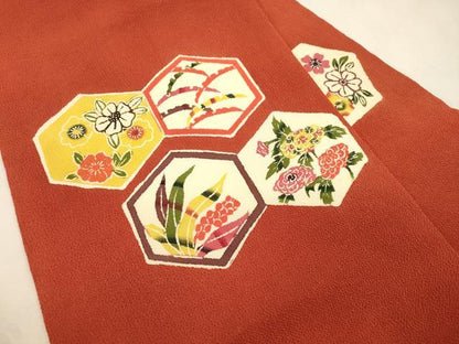 平和屋着物●九寸名古屋帯　紅型　亀甲草花文　鬼しぼ縮緬　正絹　逸品　CABJ2055dy