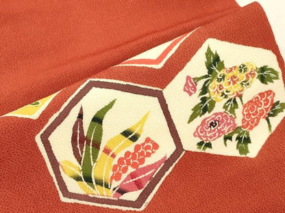平和屋着物●九寸名古屋帯　紅型　亀甲草花文　鬼しぼ縮緬　正絹　逸品　CABJ2055dy