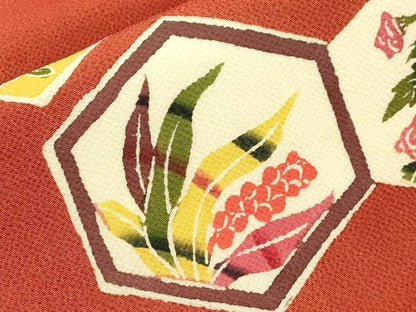 平和屋着物●九寸名古屋帯　紅型　亀甲草花文　鬼しぼ縮緬　正絹　逸品　CABJ2055dy