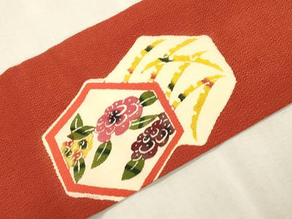 平和屋着物●九寸名古屋帯　紅型　亀甲草花文　鬼しぼ縮緬　正絹　逸品　CABJ2055dy