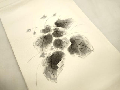 平和屋着物●九寸開き名古屋帯　作家物　手描き　草花文　銀彩　正絹　逸品　CABJ2058dy