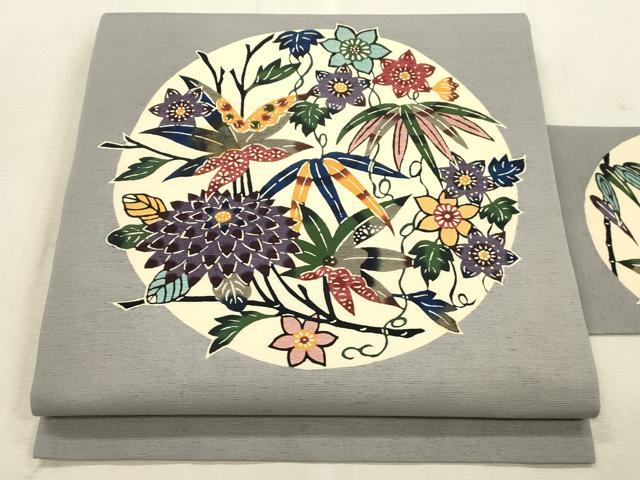 平和屋着物●九寸名古屋帯　本場琉球紅型　紬地　草花文　正絹　逸品　CABJ2062dy