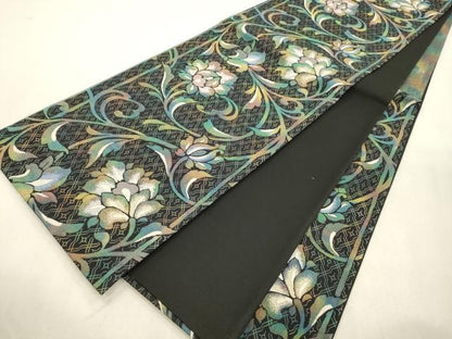 平和屋着物●六通柄袋帯　輪奈織　唐花文　黒地　正絹　逸品　CABJ2074dy