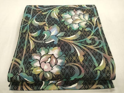 平和屋着物●六通柄袋帯　輪奈織　唐花文　黒地　正絹　逸品　CABJ2074dy