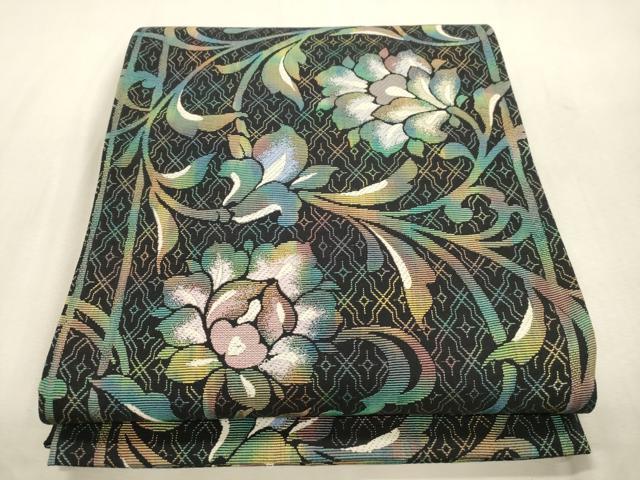 平和屋着物●六通柄袋帯　輪奈織　唐花文　黒地　正絹　逸品　CABJ2074dy