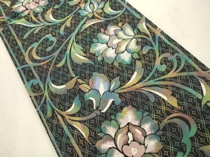 平和屋着物●六通柄袋帯　輪奈織　唐花文　黒地　正絹　逸品　CABJ2074dy