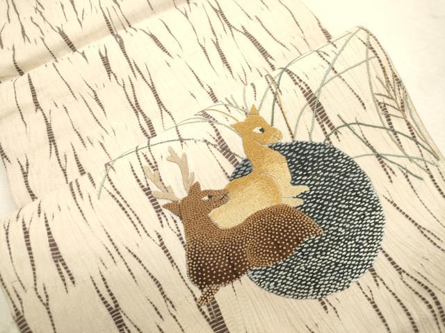 平和屋着物●中国三大刺繍　相良刺繍　総刺繍　袋帯　竜巻絞り　鹿　正絹　逸品　CABJ2077dy