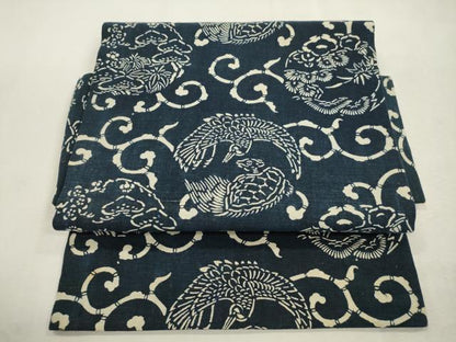 平和屋着物●つけ帯　紬地　藍　型染め　松竹梅飛鶴丸文　正絹　逸品　CABJ2094dy