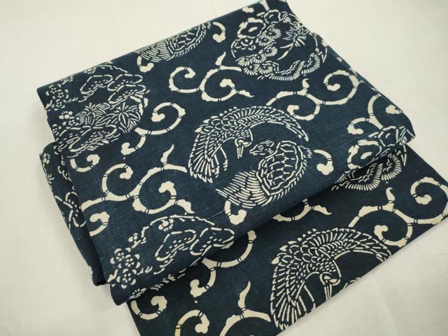 平和屋着物●つけ帯　紬地　藍　型染め　松竹梅飛鶴丸文　正絹　逸品　CABJ2094dy