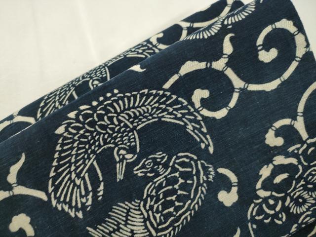 平和屋着物●つけ帯　紬地　藍　型染め　松竹梅飛鶴丸文　正絹　逸品　CABJ2094dy