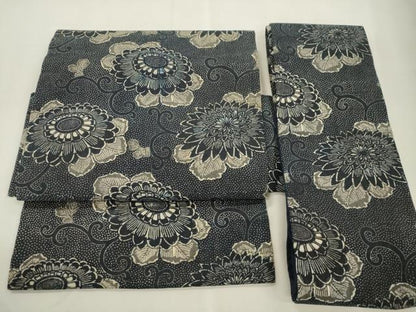 平和屋着物●つけ帯　紬地　藍　型染め　花唐草文　正絹　逸品　CABJ2095dy