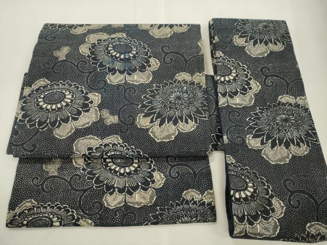平和屋着物●つけ帯　紬地　藍　型染め　花唐草文　正絹　逸品　CABJ2095dy