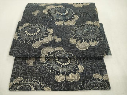 平和屋着物●つけ帯　紬地　藍　型染め　花唐草文　正絹　逸品　CABJ2095dy