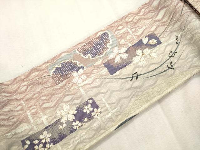 平和屋着物▽ワンタッチつけ帯　スリーシーズン　春夏秋　櫛織　雪輪舞桜文　金糸　正絹　逸品　CABJ2096dy