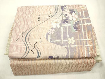 平和屋着物▽ワンタッチつけ帯　スリーシーズン　春夏秋　櫛織　雪輪舞桜文　金糸　正絹　逸品　CABJ2096dy