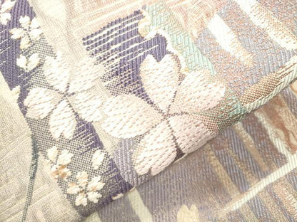 平和屋着物▽ワンタッチつけ帯　スリーシーズン　春夏秋　櫛織　雪輪舞桜文　金糸　正絹　逸品　CABJ2096dy
