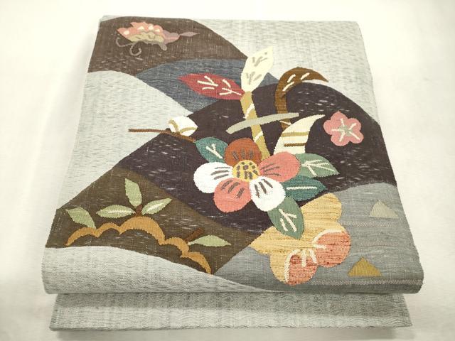 平和屋着物▽太鼓柄袋帯　スリーシーズン　春夏秋　すくい織　花蝶文　正絹　逸品　CABJ2113dy
