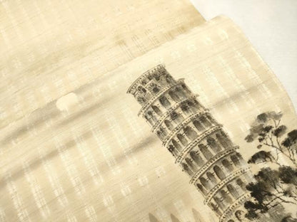 平和屋着物▽六通柄袋帯　スリーシーズン　春夏秋　手描き　ピサの斜塔　正絹　逸品　CABJ2116dy