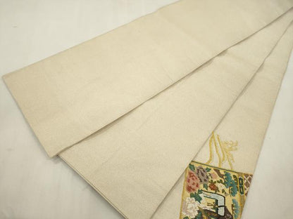 平和屋着物●爪掻き本綴れ　太鼓柄袋帯　鎧縅　御所車花文　金糸　正絹　逸品　CABJ2128dy