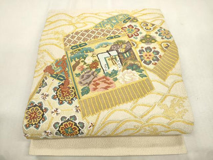 平和屋着物●爪掻き本綴れ　太鼓柄袋帯　鎧縅　御所車花文　金糸　正絹　逸品　CABJ2128dy