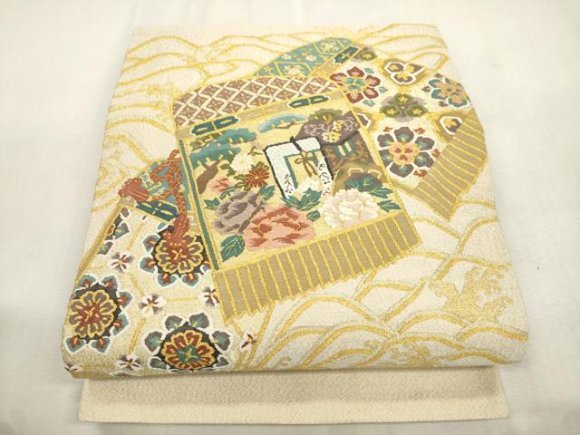 平和屋着物●爪掻き本綴れ　太鼓柄袋帯　鎧縅　御所車花文　金糸　正絹　逸品　CABJ2128dy
