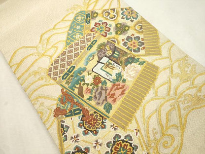 平和屋着物●爪掻き本綴れ　太鼓柄袋帯　鎧縅　御所車花文　金糸　正絹　逸品　CABJ2128dy