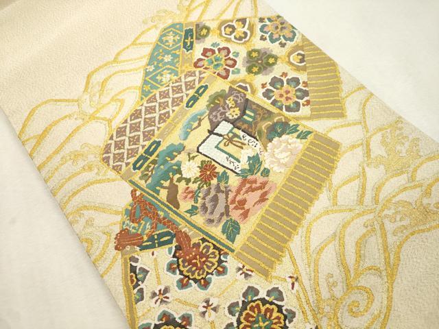平和屋着物●爪掻き本綴れ　太鼓柄袋帯　鎧縅　御所車花文　金糸　正絹　逸品　CABJ2128dy