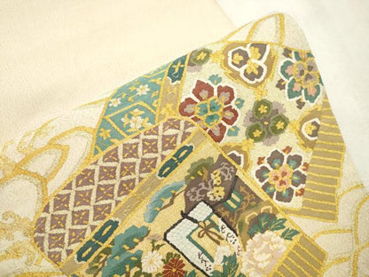 平和屋着物●爪掻き本綴れ　太鼓柄袋帯　鎧縅　御所車花文　金糸　正絹　逸品　CABJ2128dy