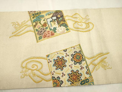 平和屋着物●爪掻き本綴れ　太鼓柄袋帯　鎧縅　御所車花文　金糸　正絹　逸品　CABJ2128dy