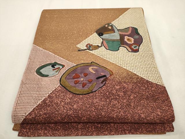 平和屋着物●中国三大刺繍　スワトウ刺繍　相良刺繍　総刺繍　太鼓柄袋帯　紬地　動物文　上代35万　正絹　逸品　未使用　CABJ2130dy
